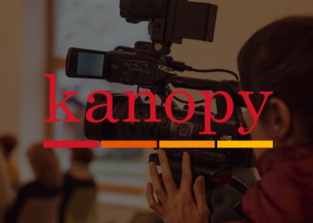 Woman filming with a camera with the Kanopy logo overlaid 